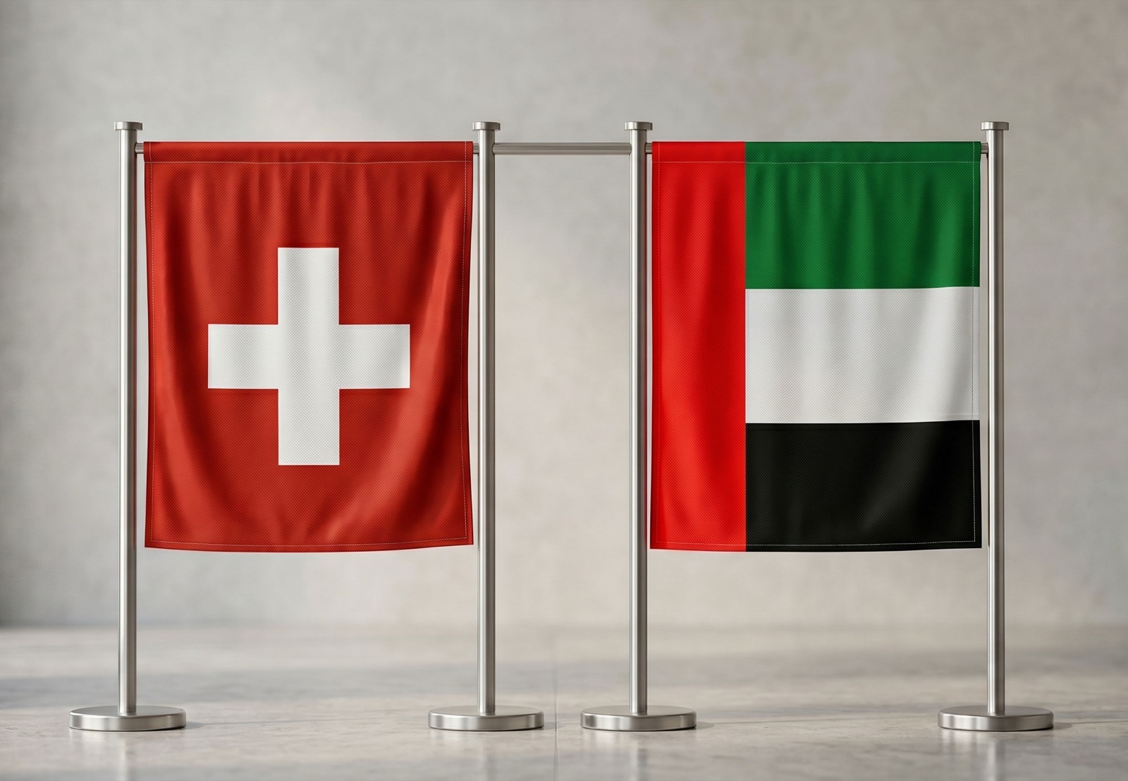 Swiss and UAE flags side by side — SpinetiX is Swiss-engineered; 123CMS is developed in Dubai by Media La Vista