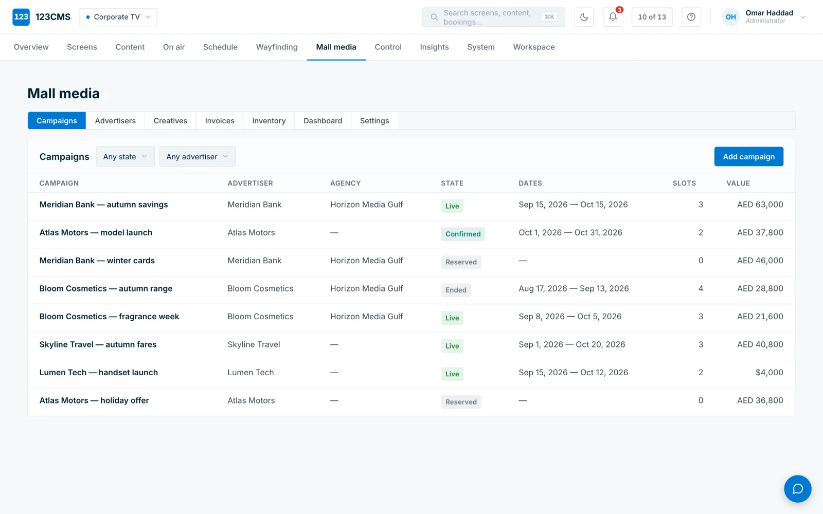 123MM campaigns list — live, confirmed and reserved bookings across several advertisers