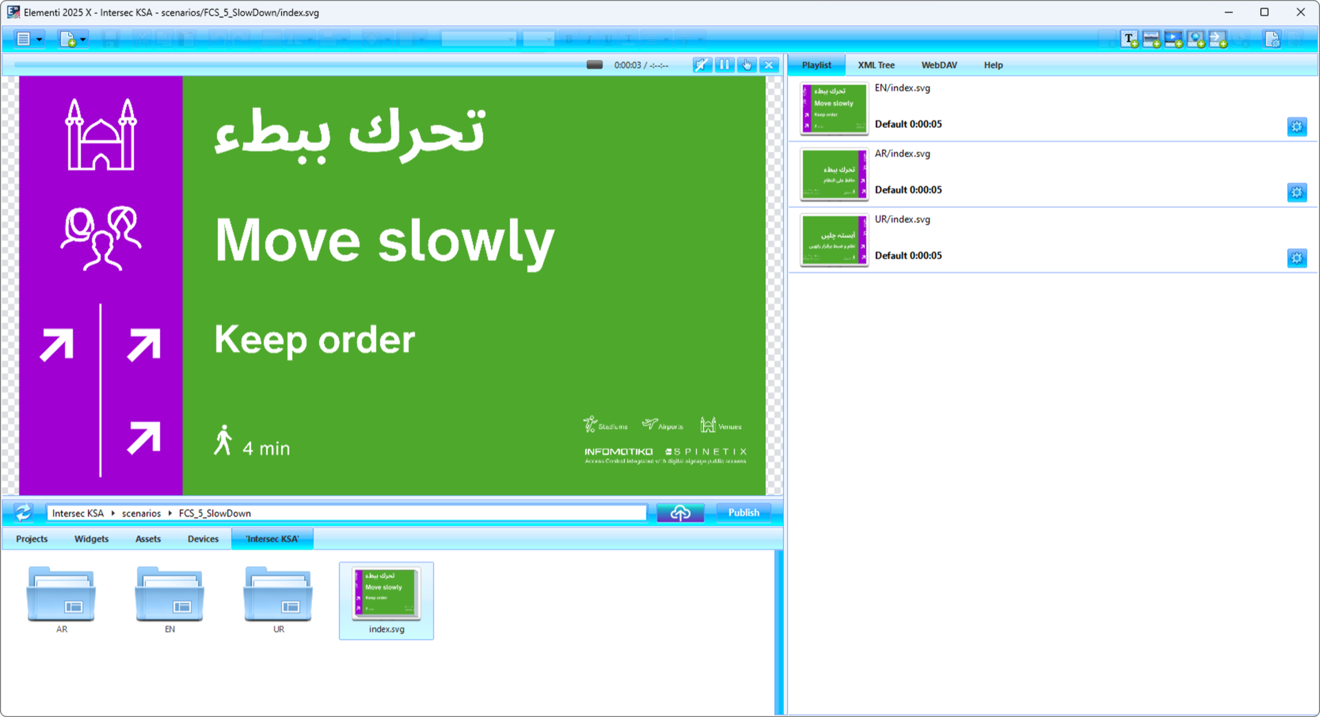 SpinetiX crowd speed management — 'Move slowly, keep order' with walk time and multilingual playlist in EN, AR, UR