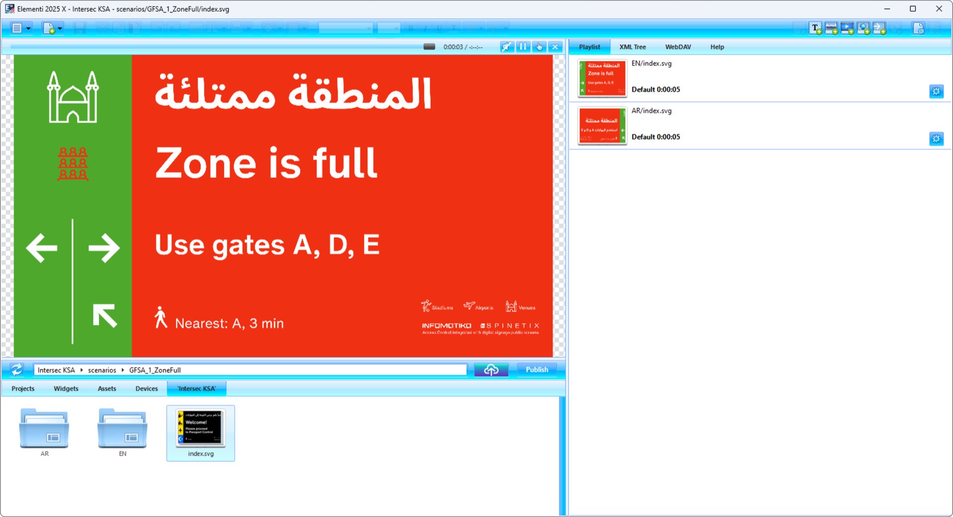 SpinetiX zone capacity alert — 'Zone is full, use gates A, D, E' with nearest gate indicator and walk time