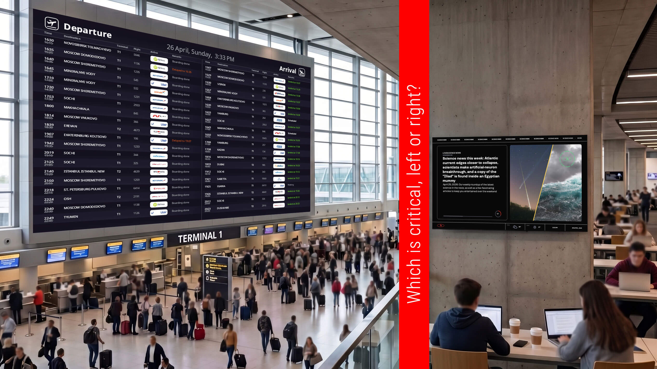 Side-by-side comparison: on the left, an airport Terminal 1 hall dominated by a large departure and arrival board with travelers blurred in motion below; on the right, a university campus study area with a wall-mounted display showing a science-news article. A red vertical bar between them poses the question: which is critical, left or right?