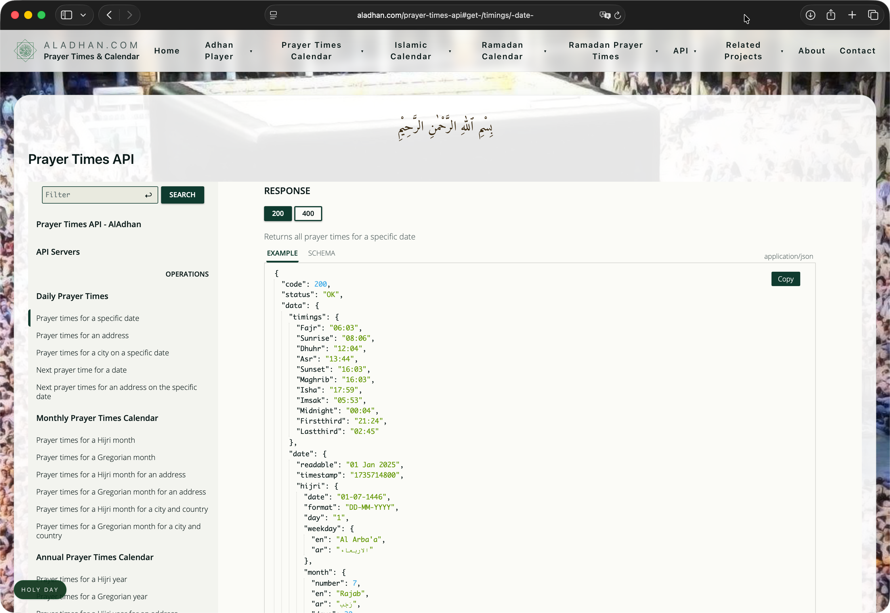 Aladhan API JSON response showing prayer times data structure — Fajr 06:03, Sunrise 08:06, Dhuhr 12:04, Asr 13:44, Maghrib 16:03, Isha 17:59, plus Hijri date, weekday names in English and Arabic, and Islamic month information