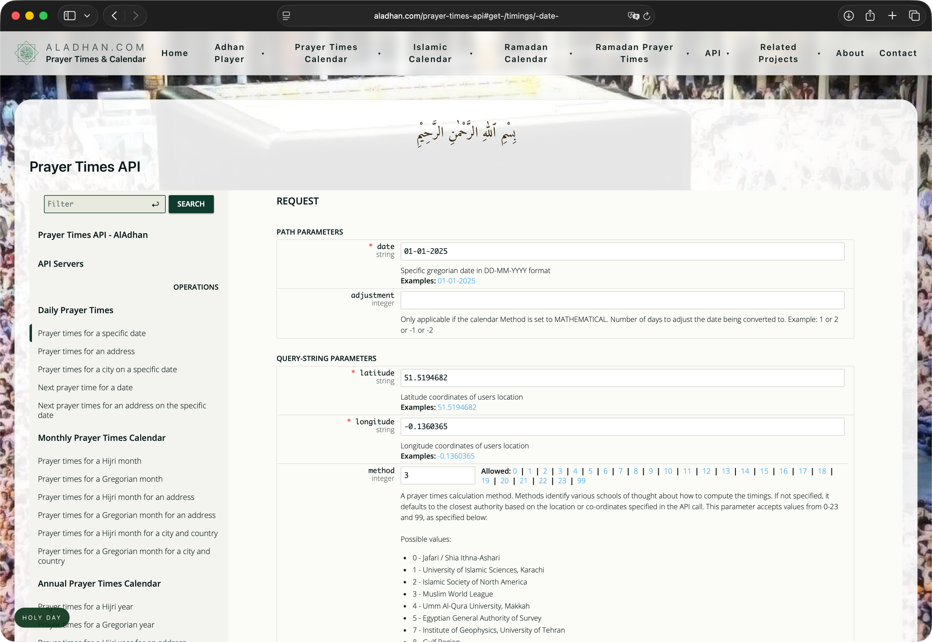 Aladhan Prayer Times API documentation showing request parameters — date, latitude, longitude, method selection (0–23 and 99 for custom), and list of all calculation methods including Jafari, ISNA, MWL, Umm Al-Qura, Egyptian, Tehran, and Gulf Region