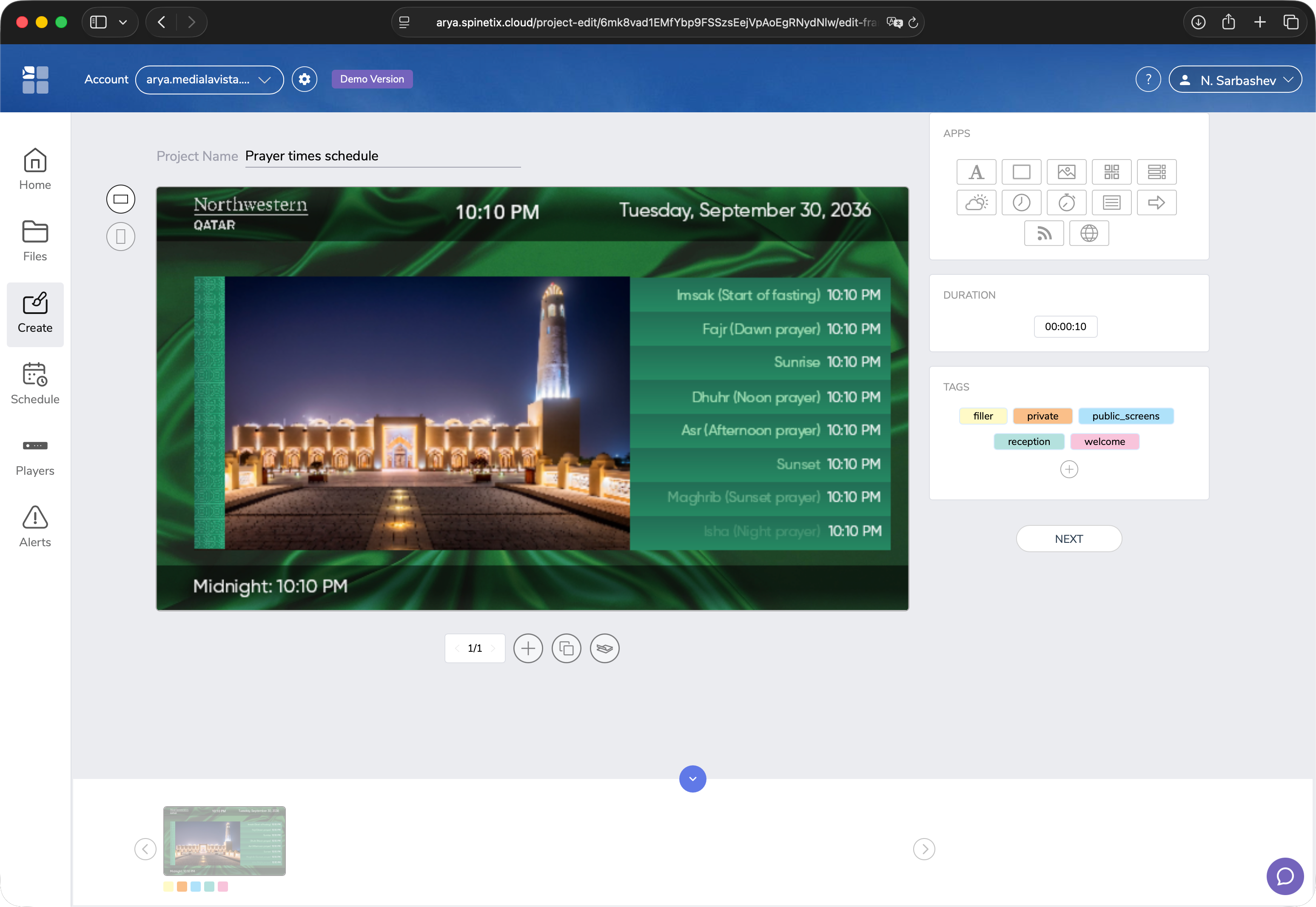 SpinetiX Arya Cloud CMS interface showing the prayer times template published via tags to welcome and reception screens across multiple facilities
