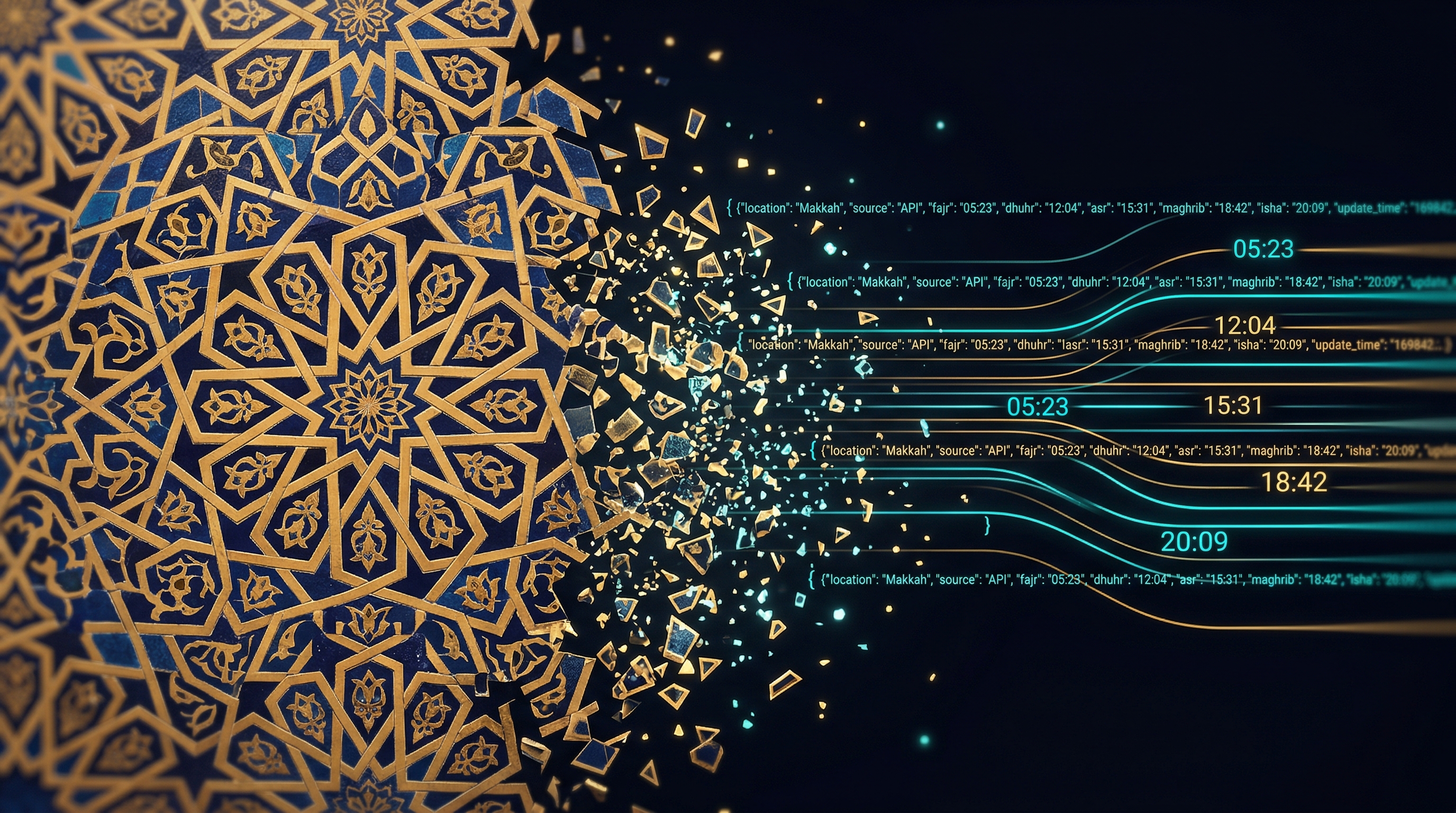Islamic geometric arabesque pattern dissolving into digital data streams and prayer time calculations — where centuries-old astronomical tradition meets modern automation technology