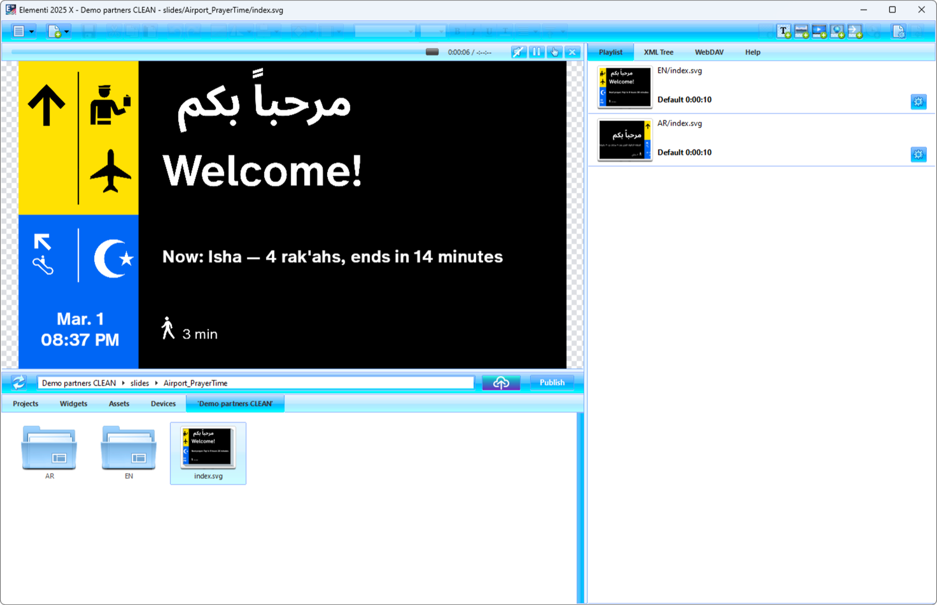 SpinetiX Elementi 2025 X showing English prayer time display for airport — bilingual welcome screen with 'Now: Isha — 4 rak'ahs, ends in 14 minutes' announcement and walking time indicator