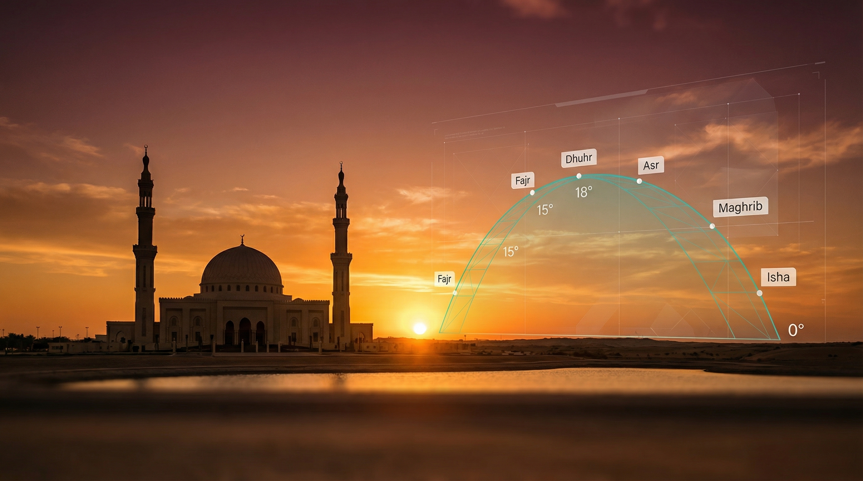 Mosque silhouette at golden hour sunset — the exact moment of Maghrib prayer, when the sun crosses the horizon and solar depression angles determine Fajr and Isha timing