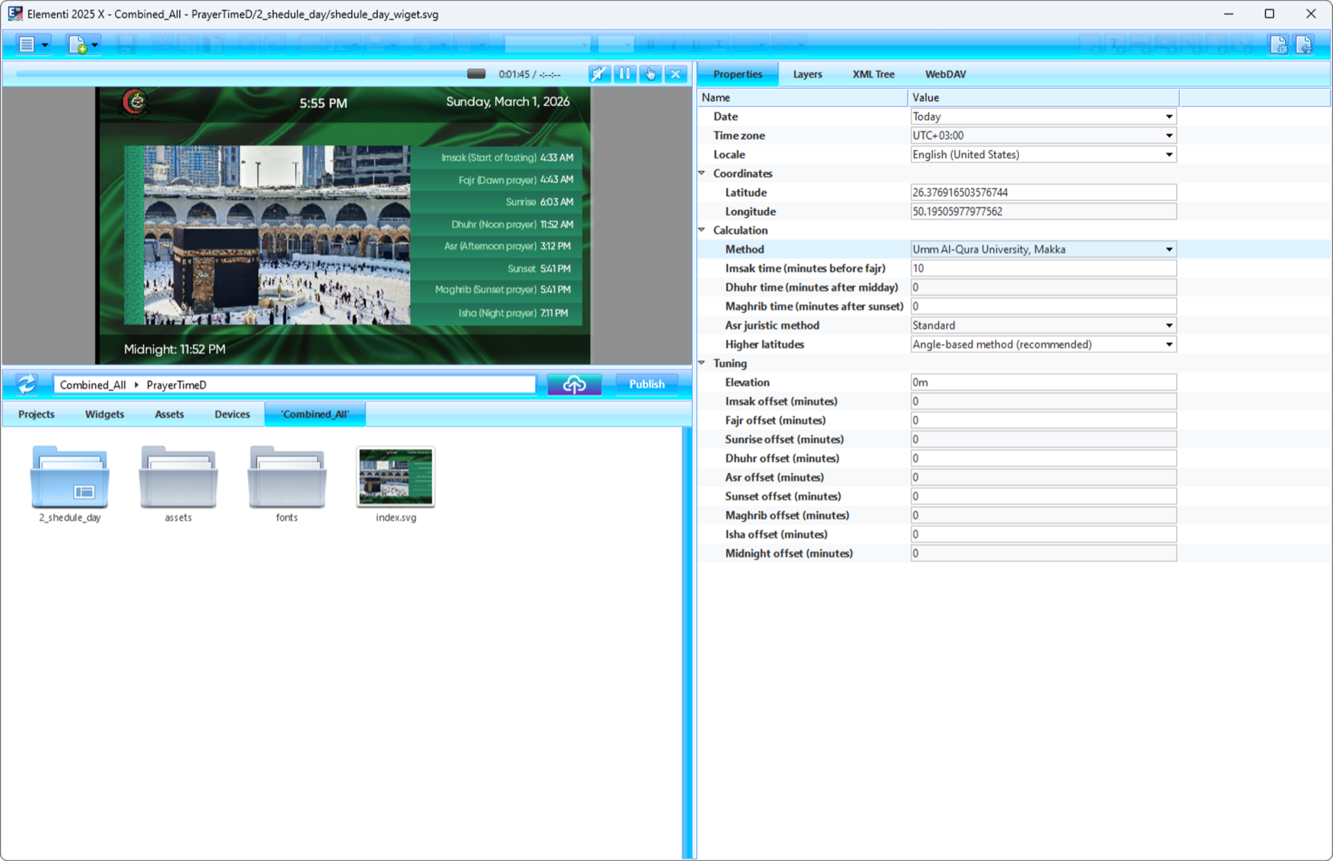 SpinetiX Elementi prayer time widget properties panel showing GPS coordinates, Umm Al-Qura calculation method, Asr juristic method, and per-prayer minute offset tuning for Imsak, Fajr, Sunrise, Dhuhr, Asr, Sunset, Maghrib, Isha, and Midnight