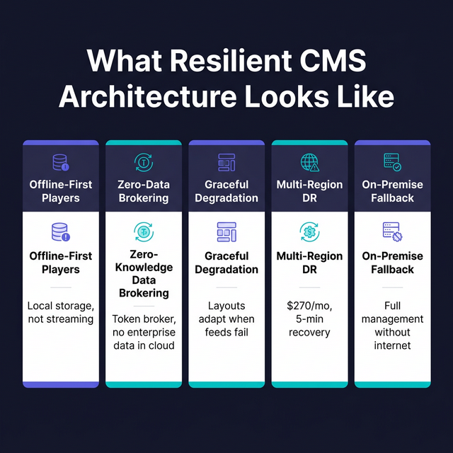 Five pillars of resilient CMS architecture — offline-first players, zero-knowledge data brokering, graceful degradation, multi-region DR, and on-premise fallback