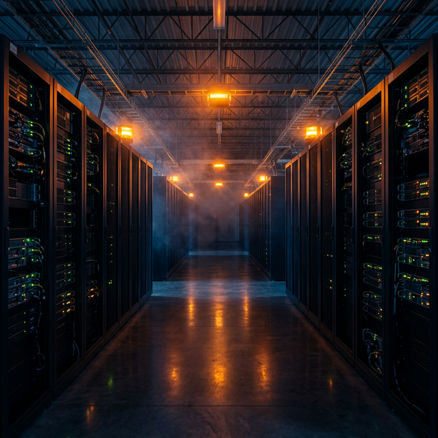 Data center corridor during infrastructure emergency with dark server racks and orange emergency lighting — representing the March 2026 cloud infrastructure event