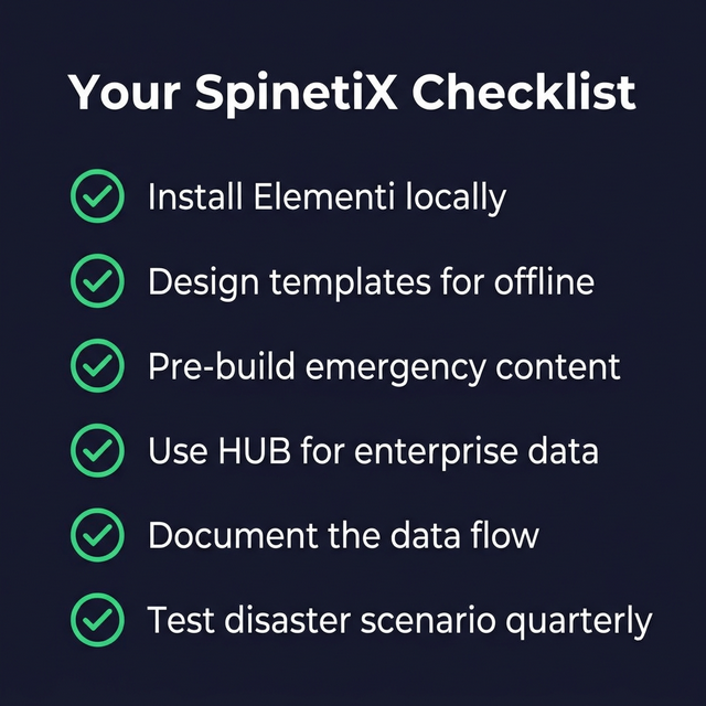 SpinetiX user disaster resilience checklist — six steps from installing Elementi locally to testing disaster scenarios quarterly