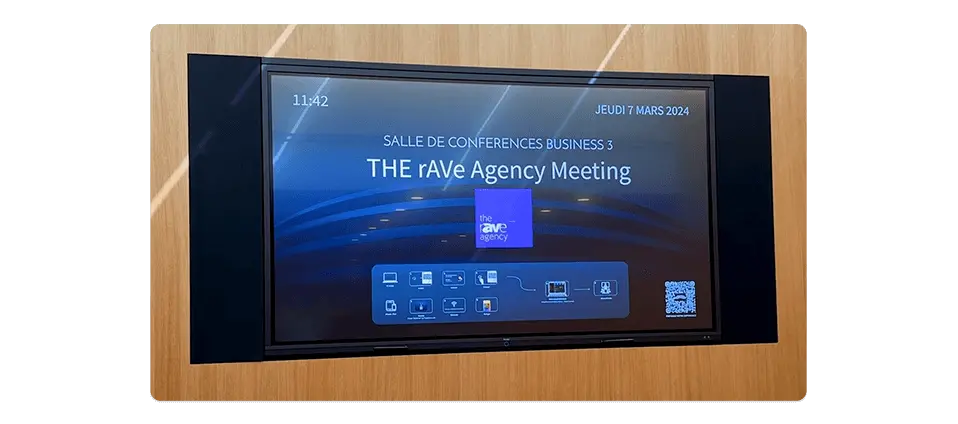 Conference room digital signage showing scheduling