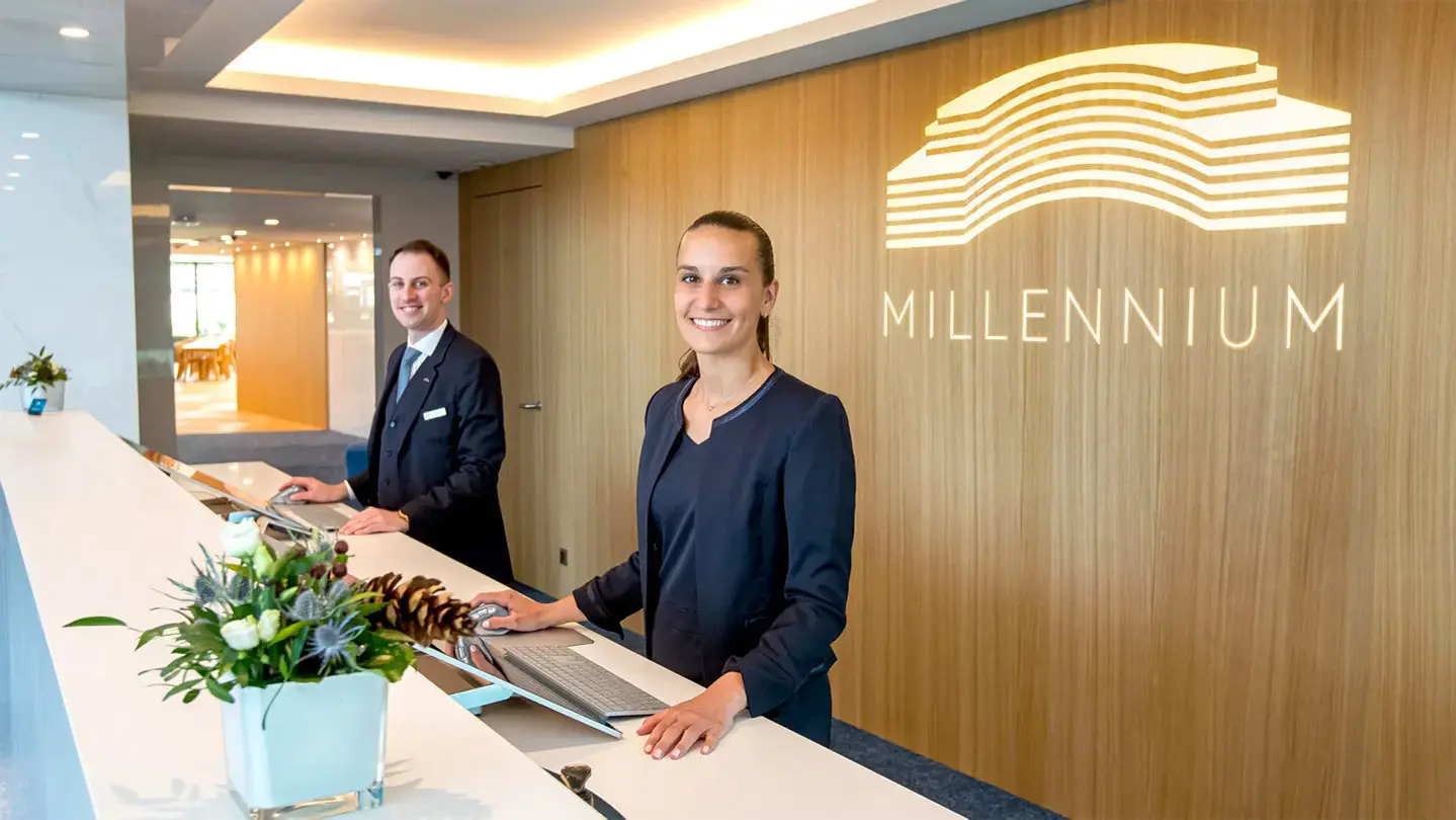 Millennium reception area with digital signage