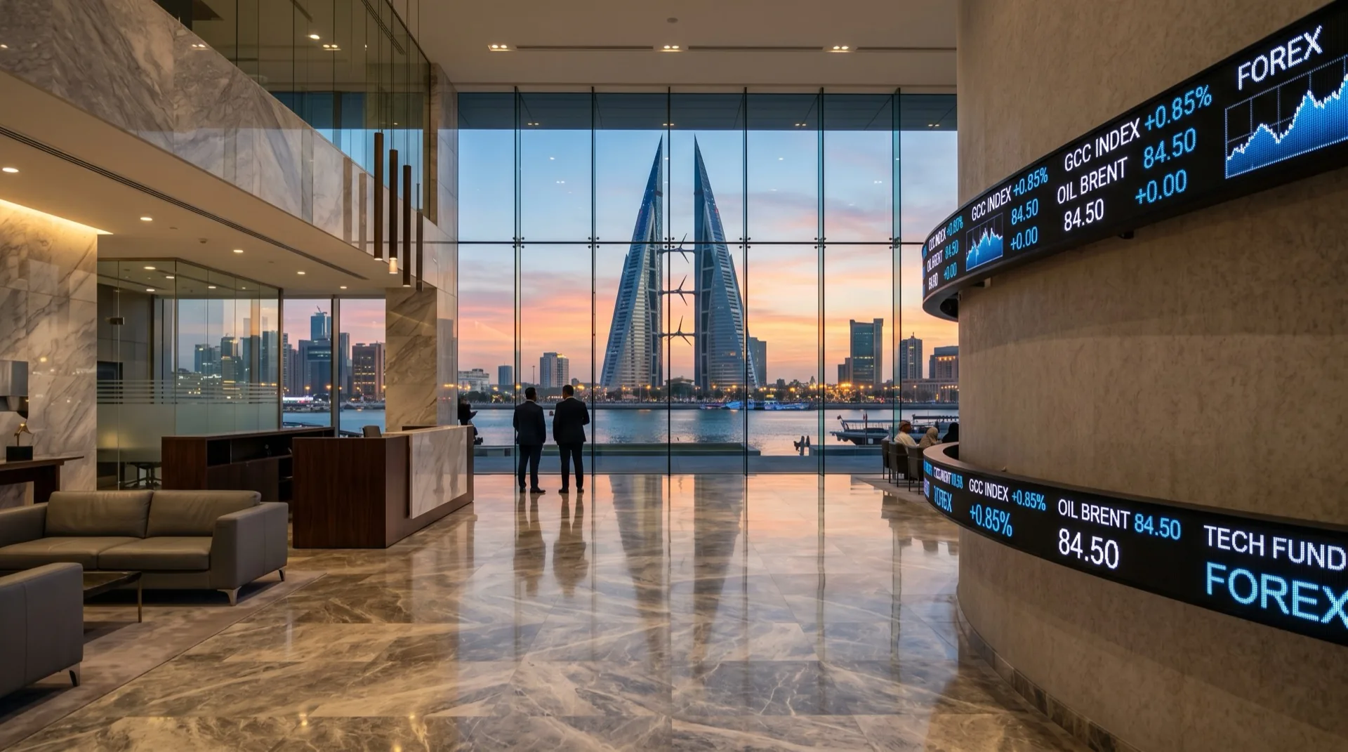 Manama waterfront skyline with the Bahrain World Trade Center towers, representing the Kingdom's leadership in fintech and Islamic-finance infrastructure
