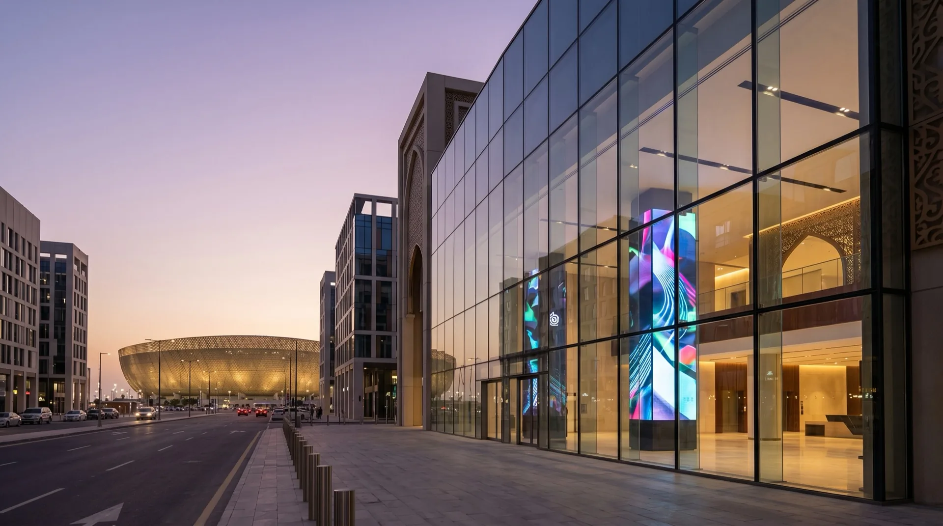 Modern Doha skyline with stadium and LNG-corridor infrastructure, representing Qatar's investment in mission-critical visual systems for World Cup legacy and energy operations