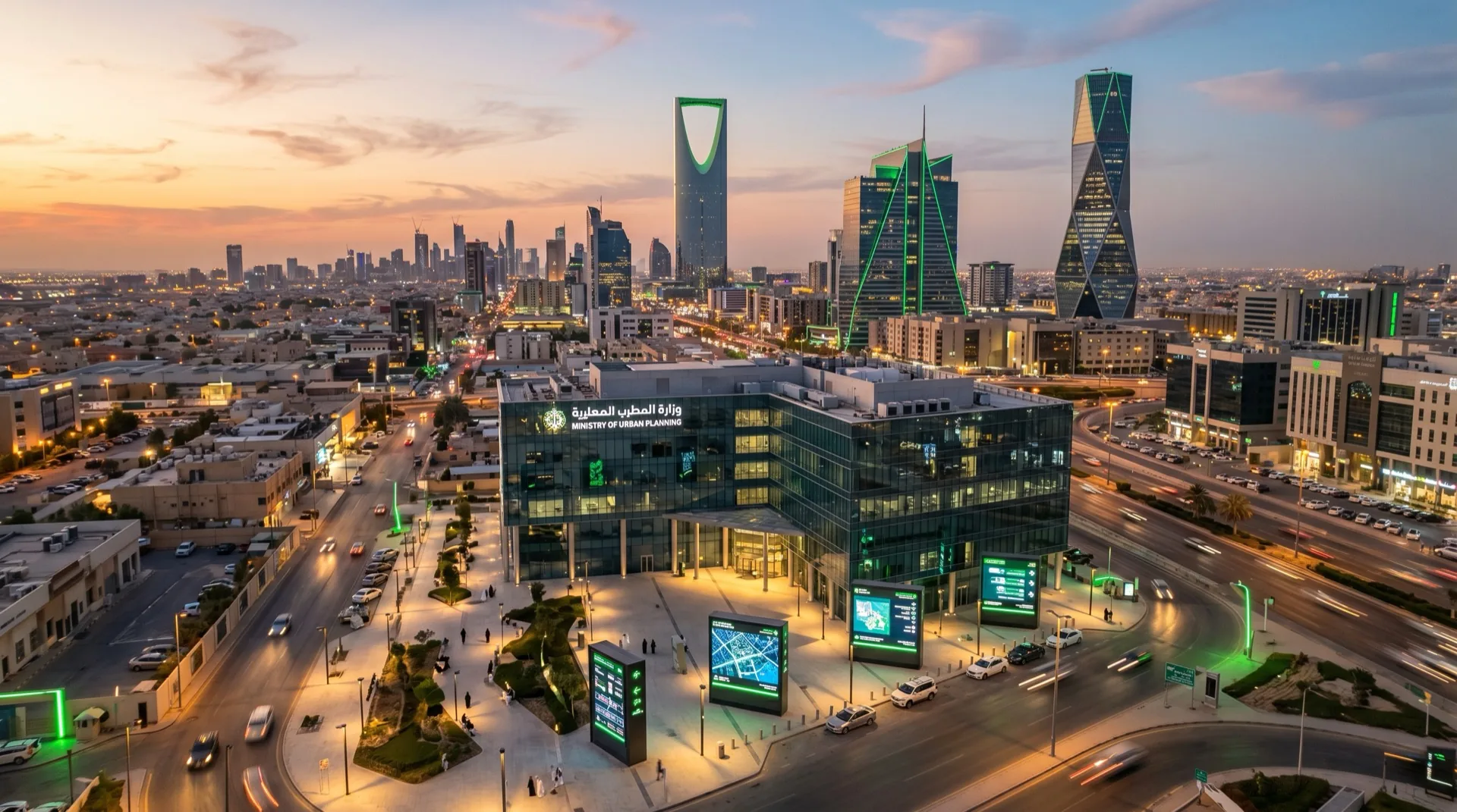 Modern Riyadh skyline at dusk with glass-fronted government and commercial buildings, representing the digital infrastructure backbone of Vision 2030 megaprojects across the Kingdom