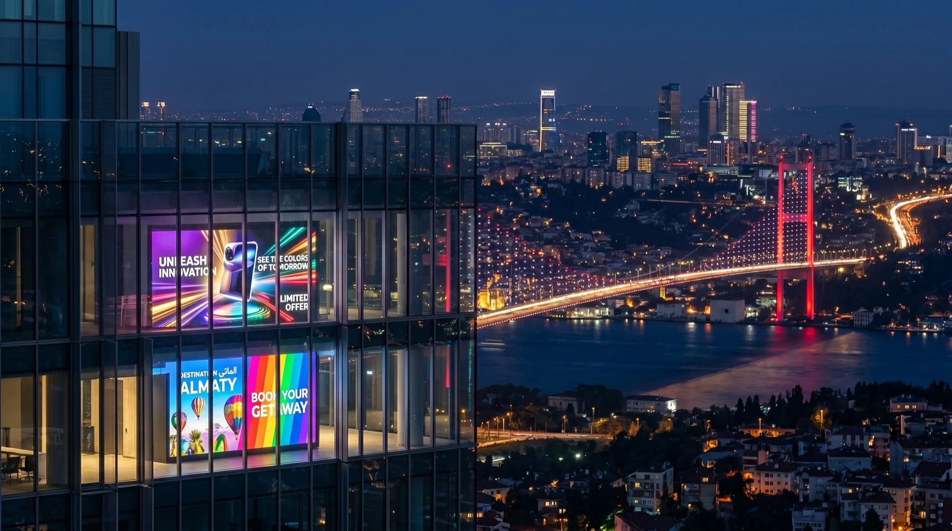 Boğaz geçişleri ile modern İstanbul silueti, Türkiye'nin Avrupa, Orta Doğu ve Orta Asya arasında görsel altyapı dağıtımı için ağ geçidi rolünü temsil ediyor