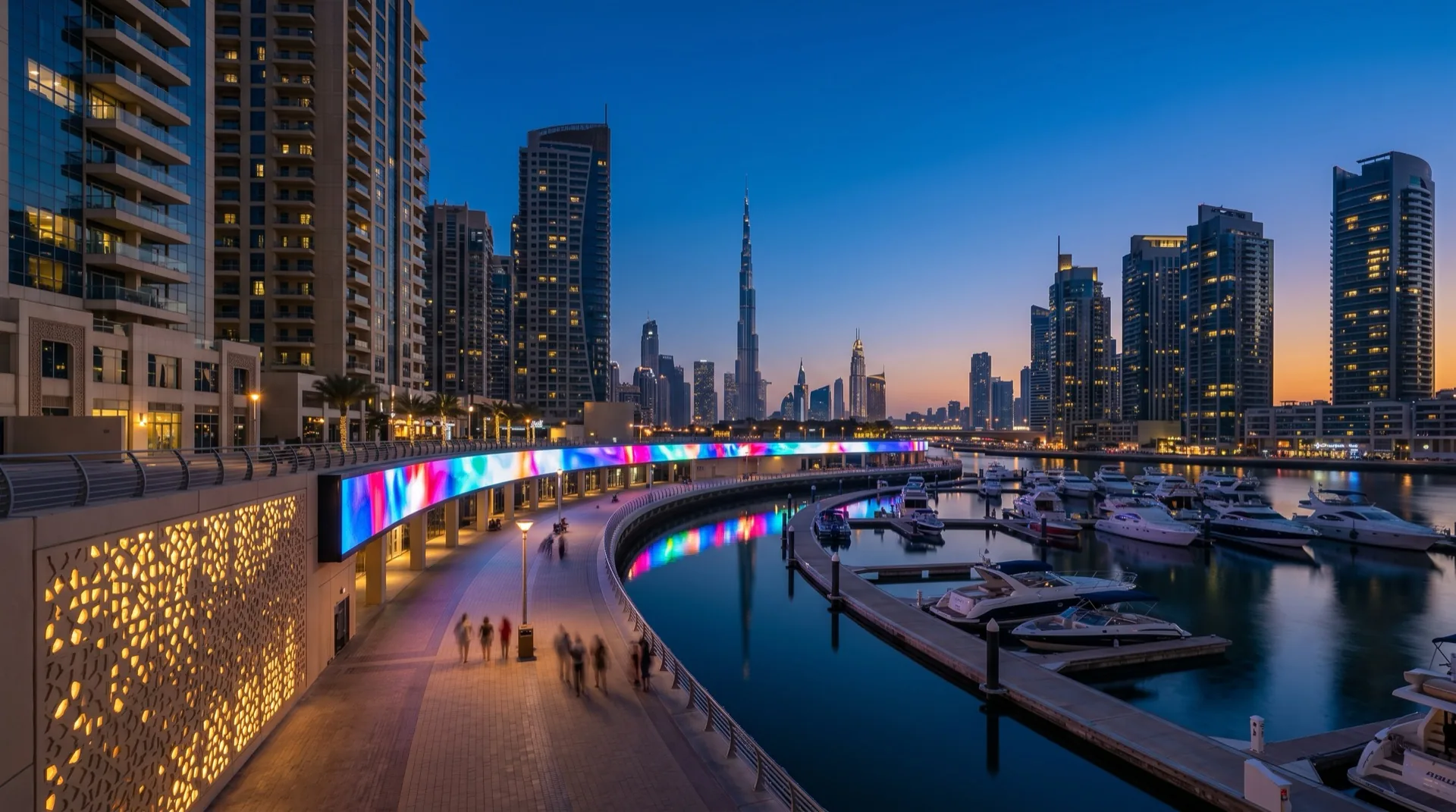 Dubai waterfront skyline with synchronized LED ribbon signage at Burj Khalifa precinct, representing the UAE's reference deployment of mission-critical digital infrastructure