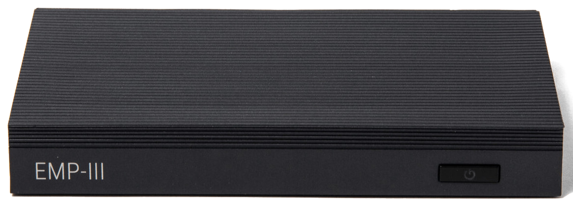 iQnetiX EMP-III compact digital signage mediaplayer with SpinetiX DSOS, showing its ultra-small fanless aluminum chassis with HDMI and USB-C ports