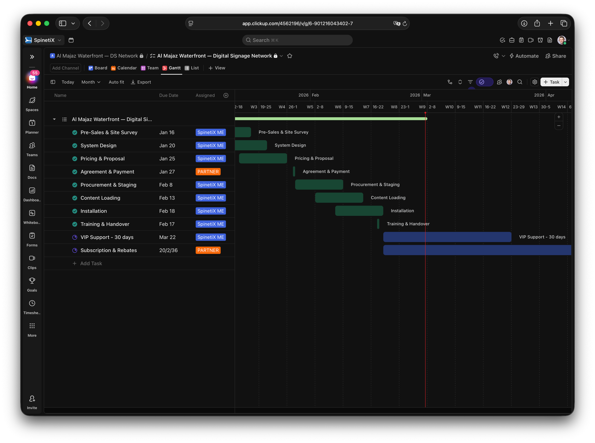 Real project Gantt chart: Al Majaz Waterfront digital signage delivery — 10 phases from pre-sales to VIP support, managed by SpinetiX ME team