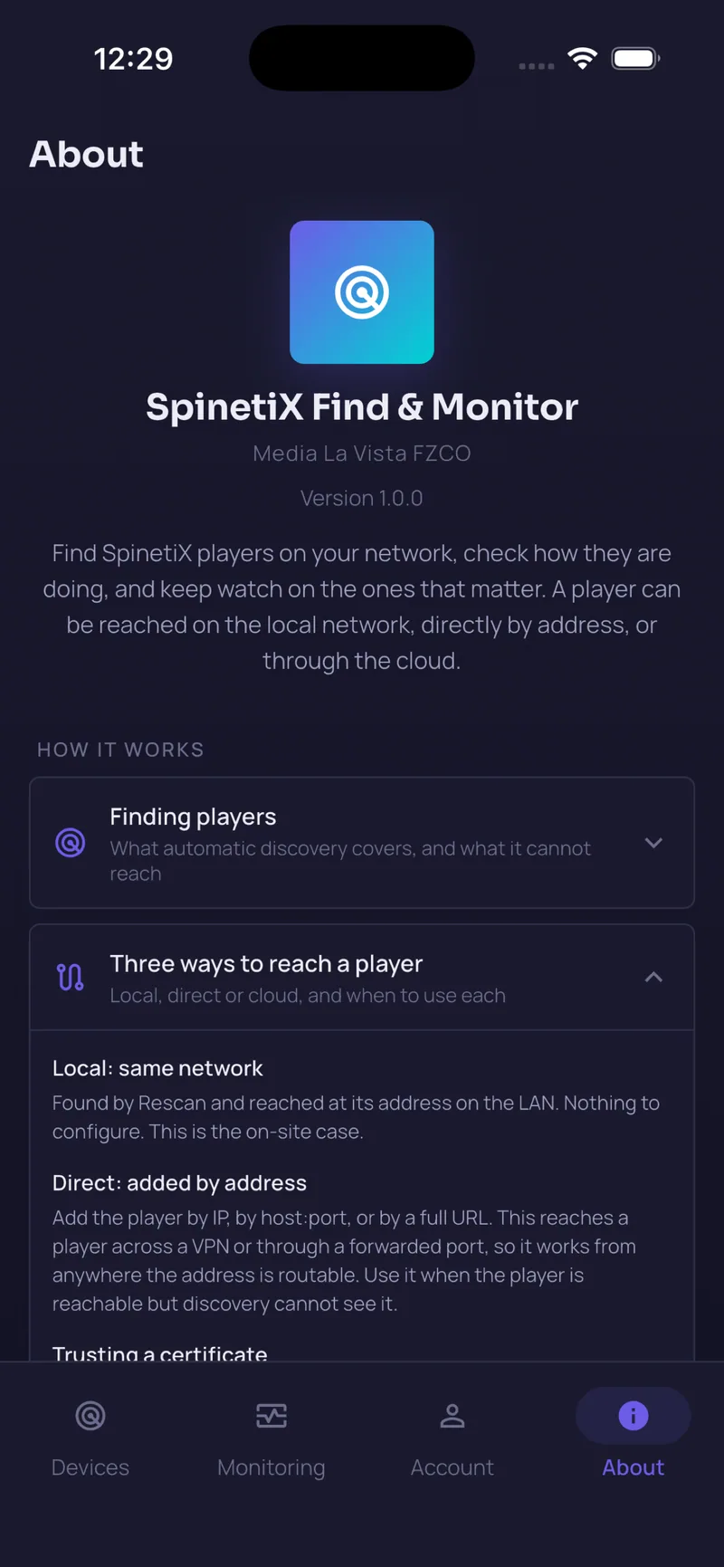 SpinetiX Find & Monitor on iPhone: the About tab explaining the local, direct and cloud routes for reaching a player