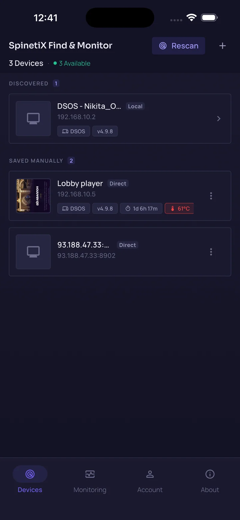 SpinetiX Find & Monitor on iPhone showing three players with live status chips