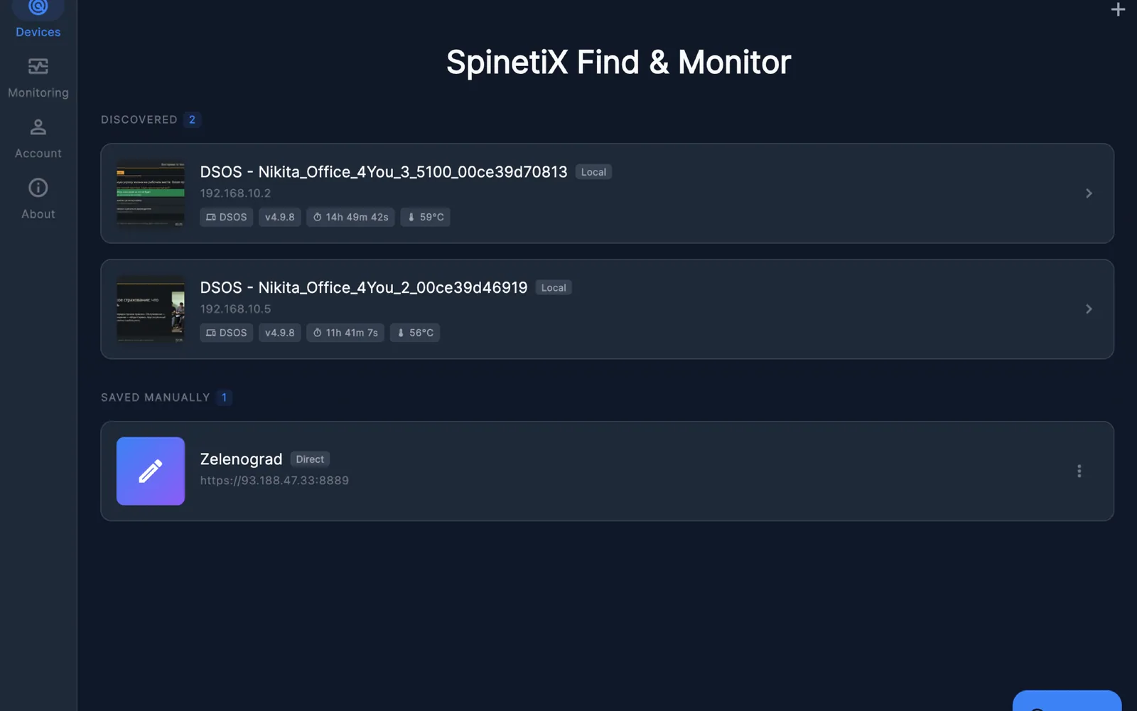SpinetiX Find & Monitor on macOS: the Devices list in a desktop window with a sidebar for Devices, Monitoring, Account and About