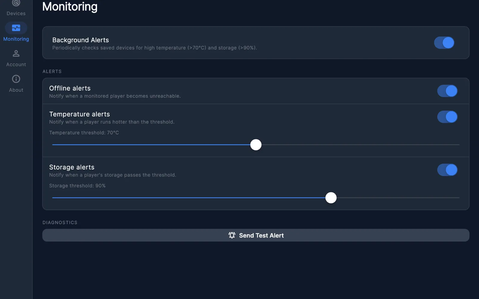 SpinetiX Find & Monitor on macOS: the Monitoring view with alert switches and threshold sliders laid out in a desktop window beside the app sidebar